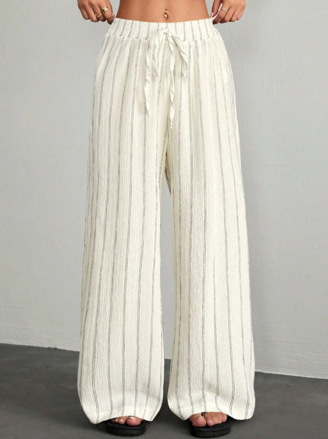 Textured Striped Wide-Leg Pants For Women, Elastic Waist Drawstring Casual Floor-Length Pants