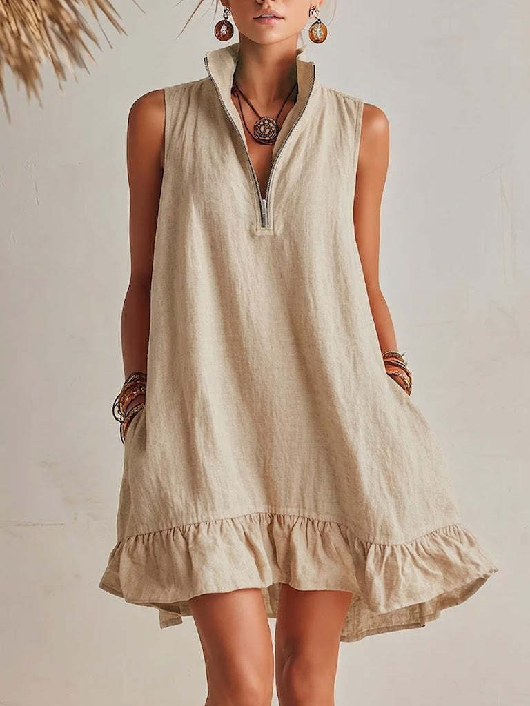 New Stylish Casual Loose Half-Zip Sleeveless Dress With Ruffle Hem