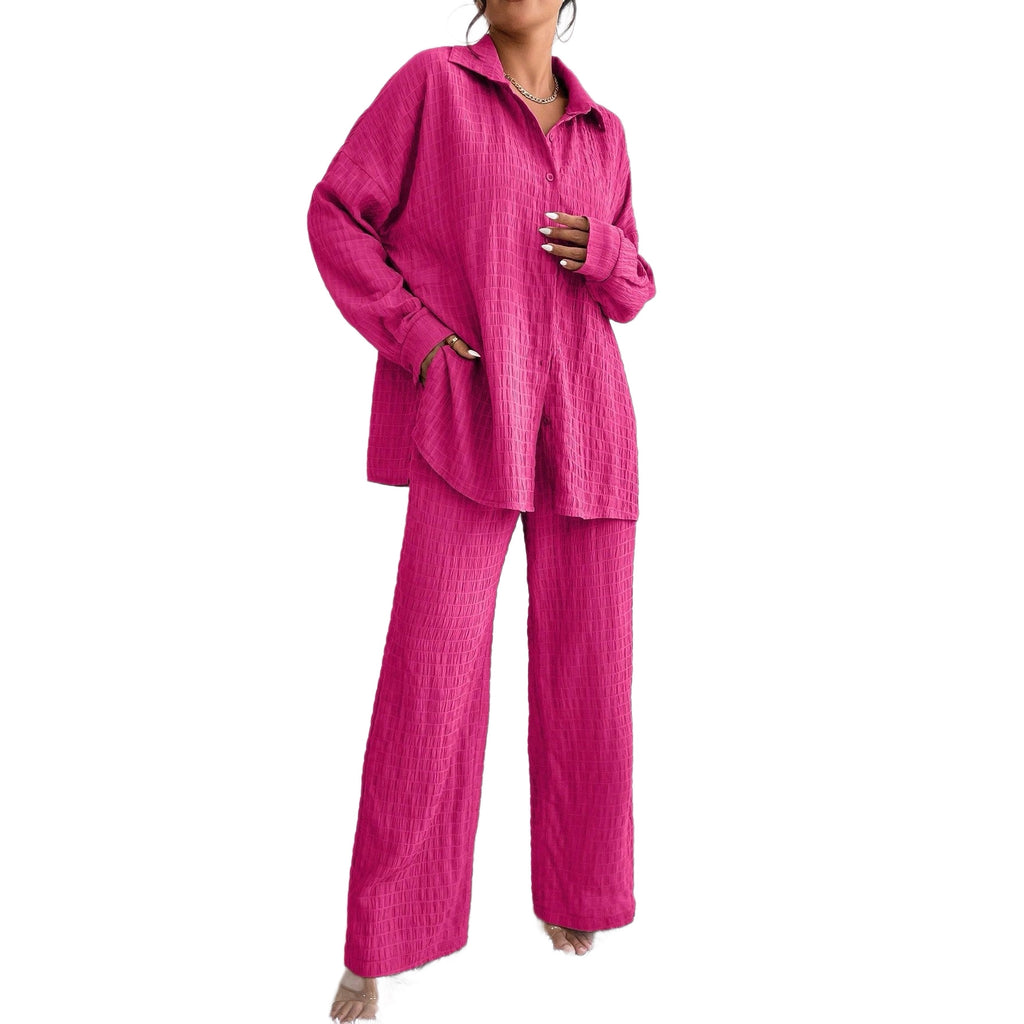 Summer New European And American Style Pleated Long-Sleeve Lapel Loose Two-Piece Set