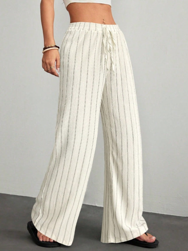 Textured Striped Wide-Leg Pants For Women, Elastic Waist Drawstring Casual Floor-Length Pants