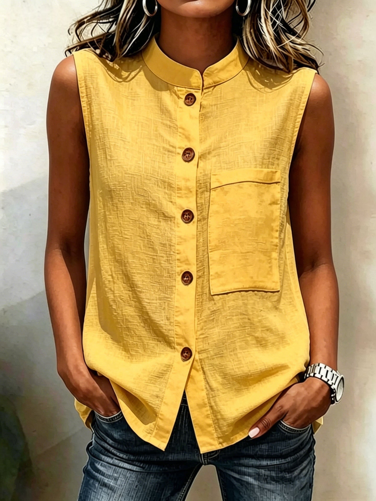Fashionable Casual Solid-color Top With Buttoned Pockets