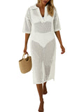 Fisoew Womens Crochet Swimsuit Coverup Summer Hollow Out Short Sleeve V Neck Bikini Coverups Vacation Beach Maxi Dress