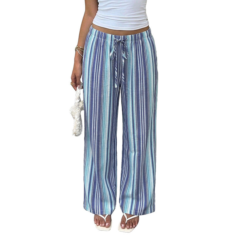 Draped Blue And White Striped Wide-leg Pants With An Elastic Waistband
