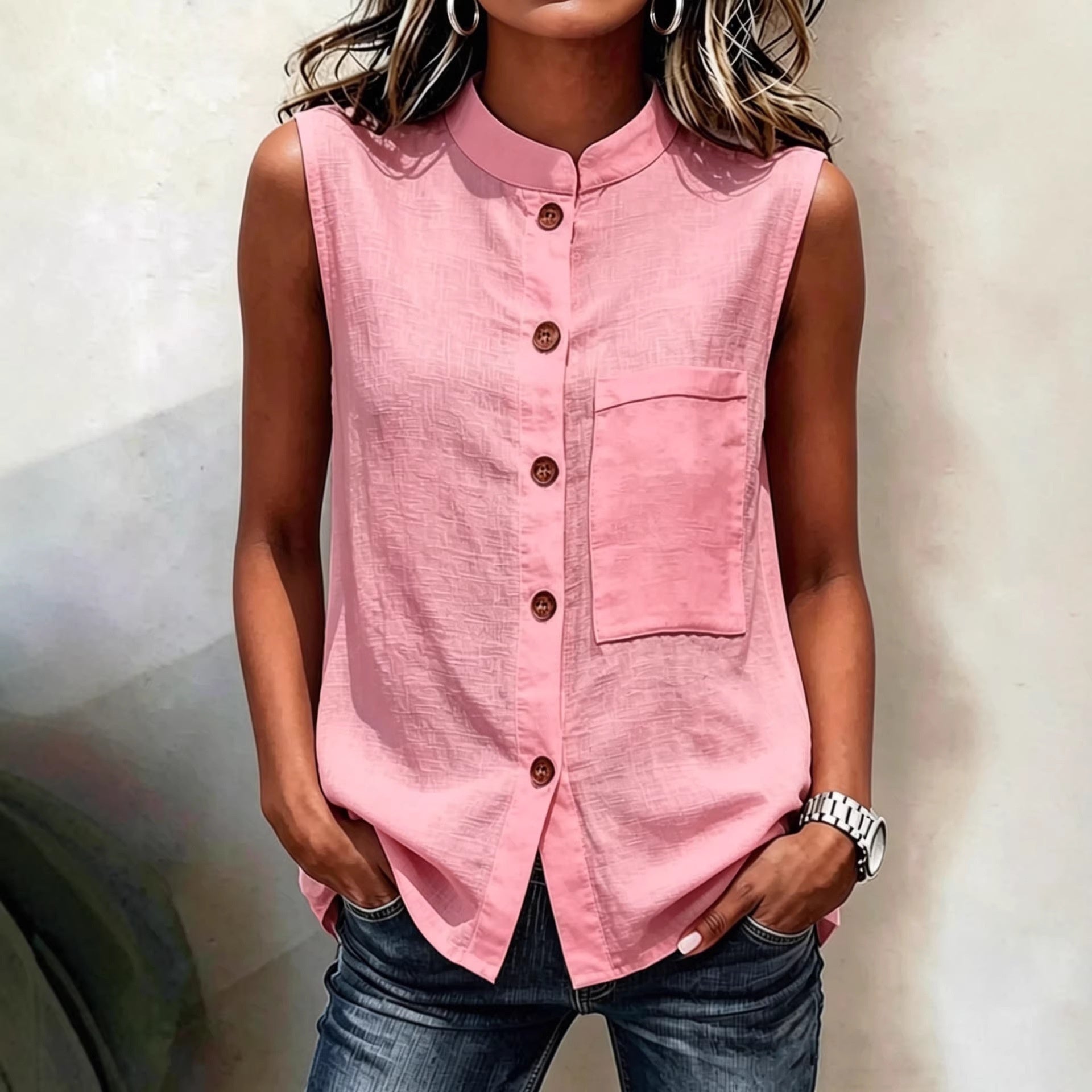 Fashionable Casual Solid-color Top With Buttoned Pockets