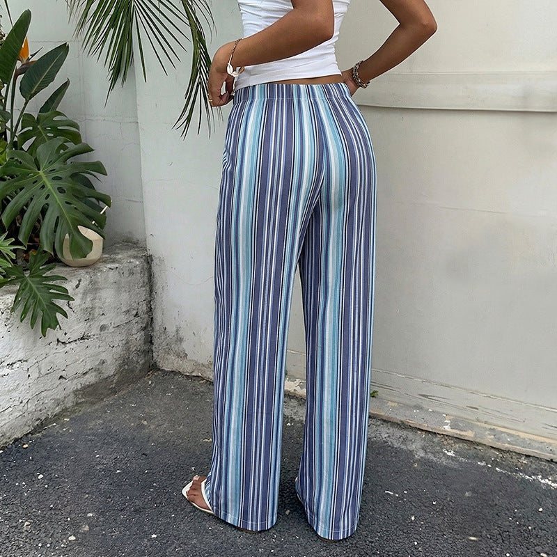 Draped Blue And White Striped Wide-leg Pants With An Elastic Waistband
