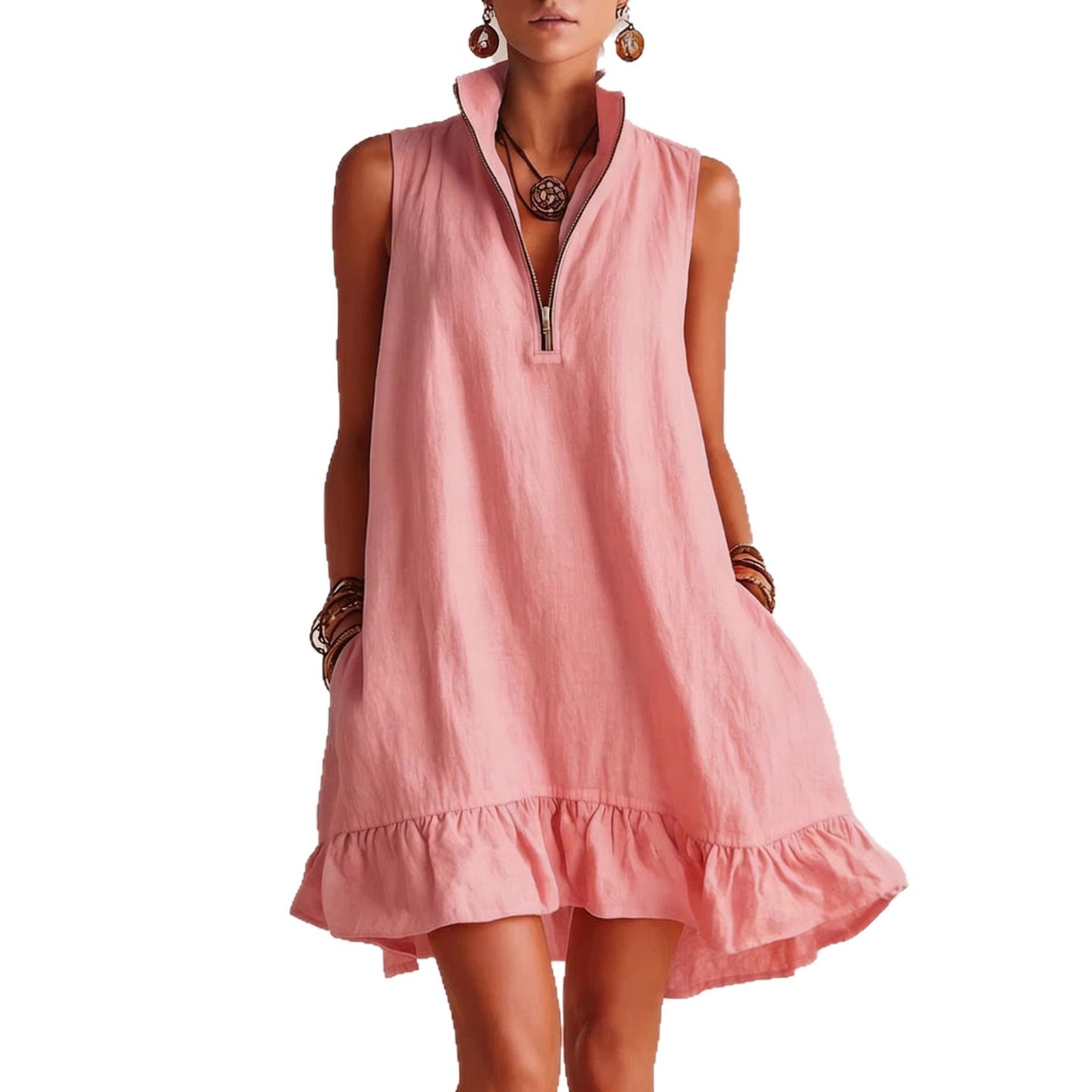 New Stylish Casual Loose Half-Zip Sleeveless Dress With Ruffle Hem