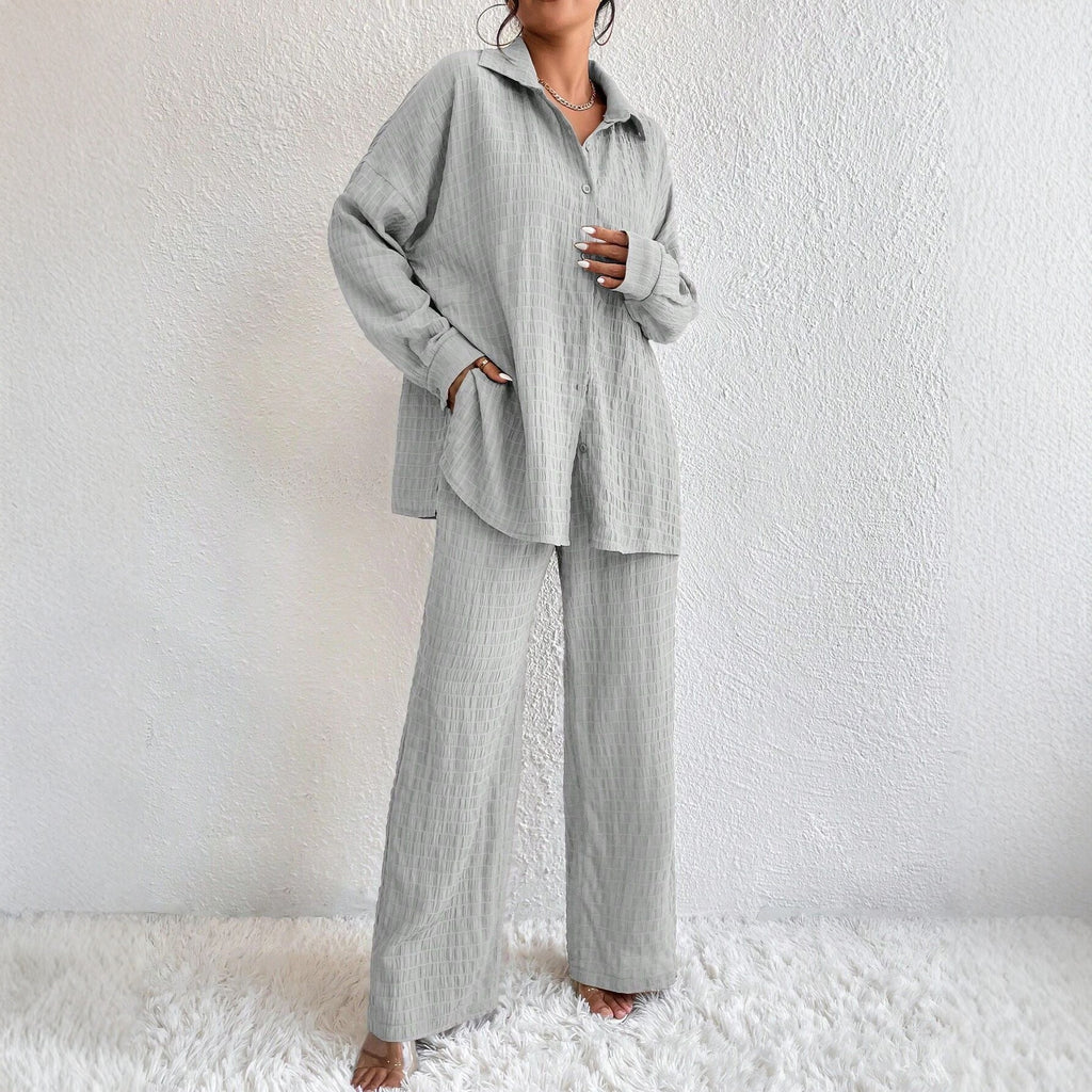 Summer New European And American Style Pleated Long-Sleeve Lapel Loose Two-Piece Set
