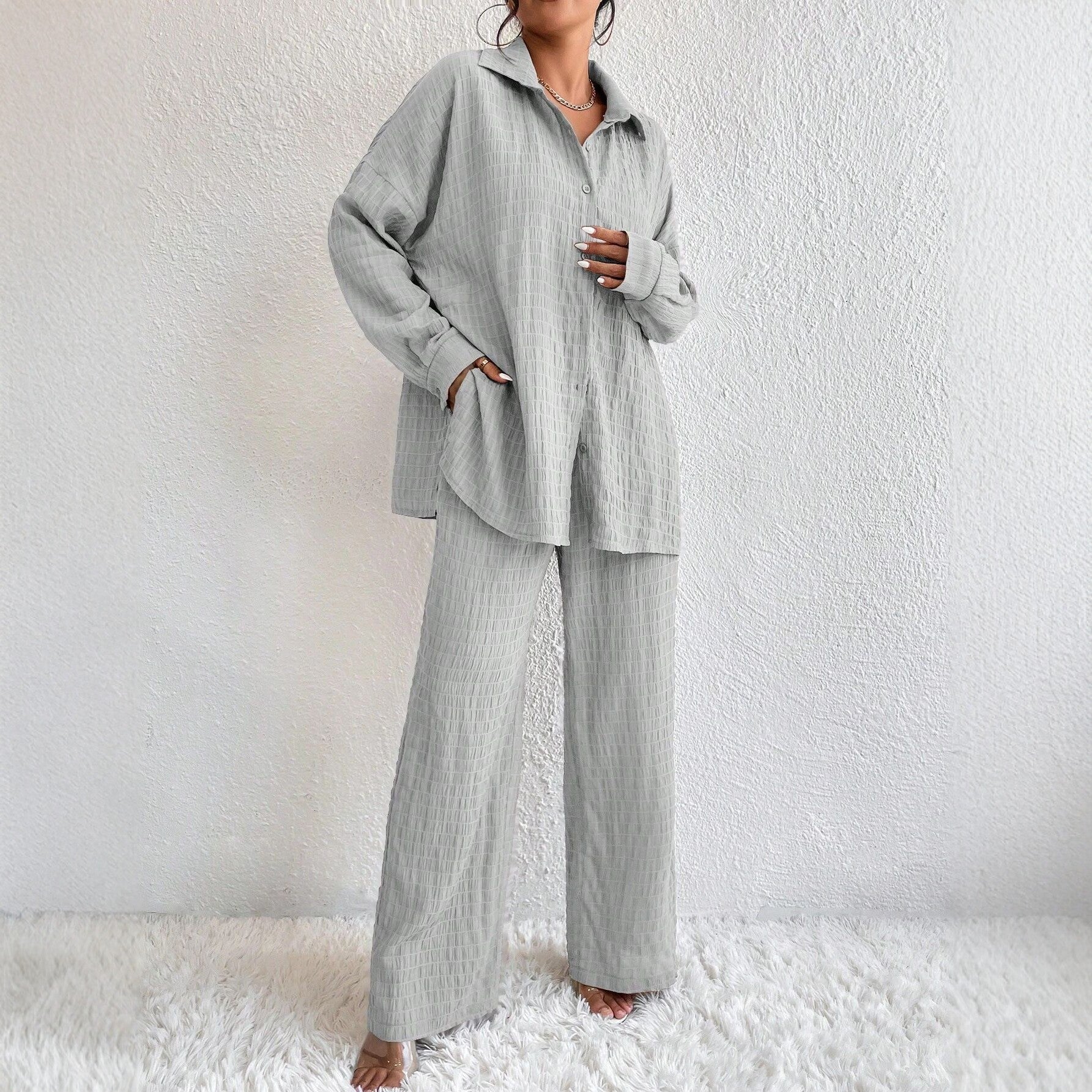 Summer New European And American Style Pleated Long-Sleeve Lapel Loose Two-Piece Set