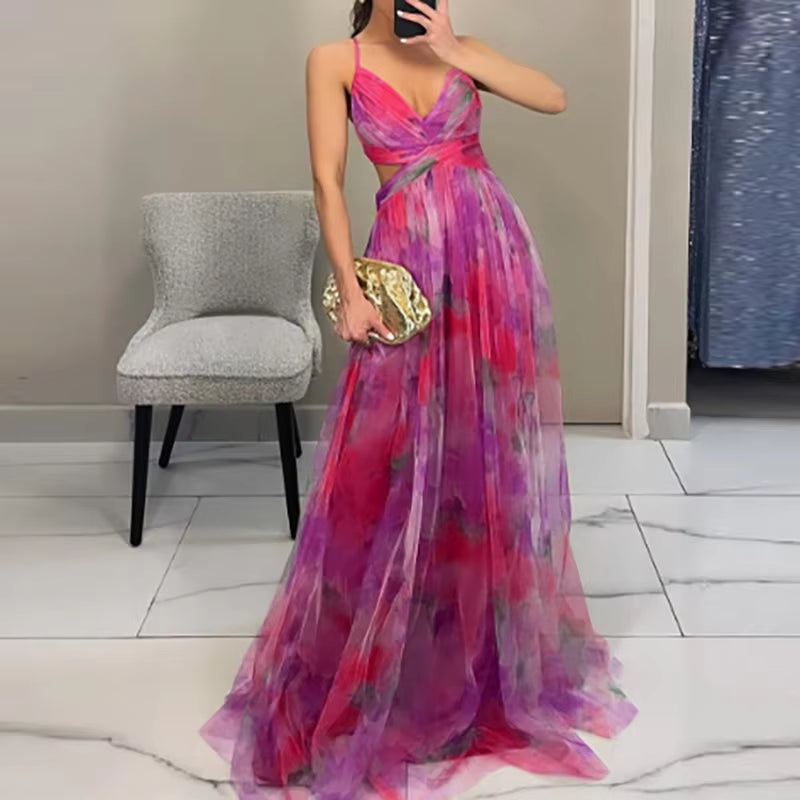 Elegant Pleated Mesh Evening Dress