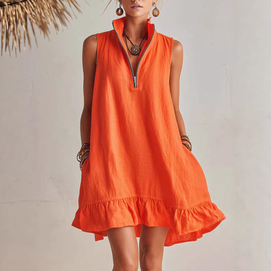 New Stylish Casual Loose Half-Zip Sleeveless Dress With Ruffle Hem