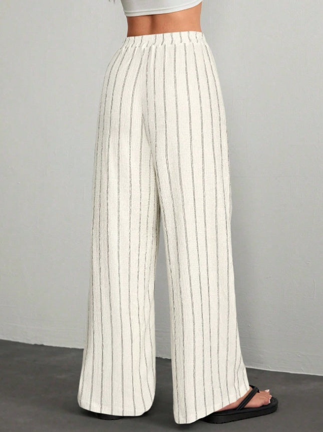 Textured Striped Wide-Leg Pants For Women, Elastic Waist Drawstring Casual Floor-Length Pants