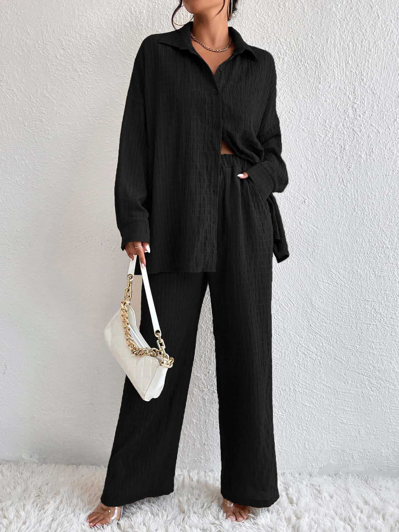 Summer New European And American Style Pleated Long-Sleeve Lapel Loose Two-Piece Set